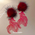 Red Fish Outline Drop Earrings with Faux Fur Studs view 4