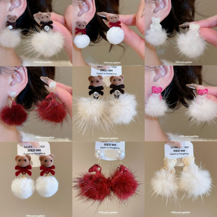 Bear and Pom Pom Drop Stud Earrings in Three Color Styles