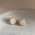 Gold Beaded Edge Square Stud Earrings Cream Crackle Glaze view 3