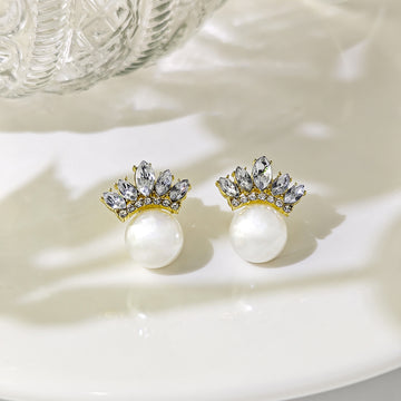 Silver Crown Clear Look Pearl Look Small Stud Earrings