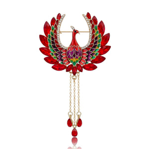 Enamel Phoenix Tassel Brooch in Detailed Metal for Jackets and Scarves