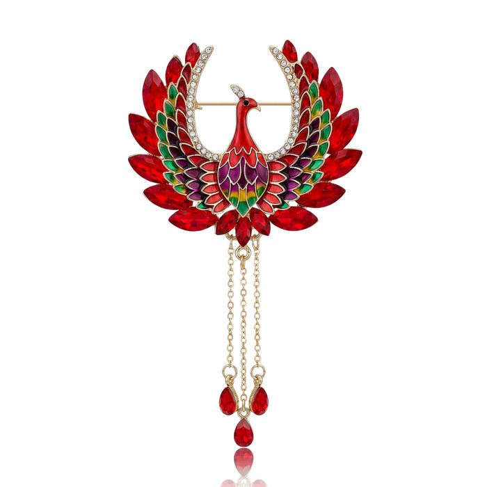 Enamel Phoenix Tassel Brooch in Detailed Metal for Jackets and Scarves