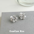 Silver Tone Ball Pearl And Clear Stone Flower Cluster Stud Earrings view 4