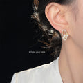 Gold Tone Clear Stone Butterfly Wing Pearl Center Stud Earrings view 2