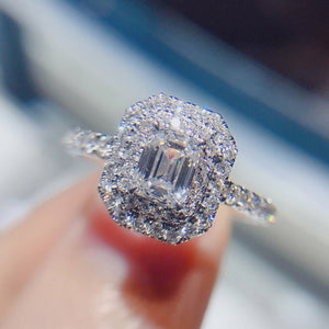 Silver Tone Emerald Cut Clear Stone Halo Ring Jewelry