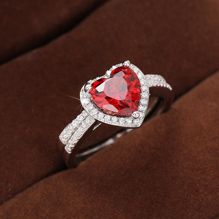 Silver Red Heart Halo Double Band Finger Ring Sizes 6-10