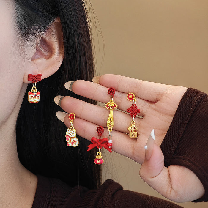 Red and Gold Auspicious Motif Long Dangle Earrings in Ten Styles