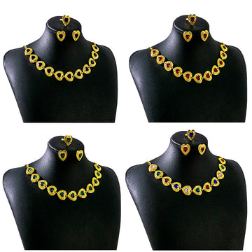 Gold Heart Crystal Necklace Earring Ring Jewelry Set