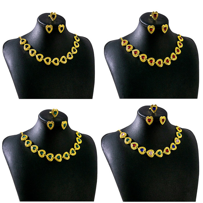 Gold Heart Crystal Necklace Earring Ring Jewelry Set