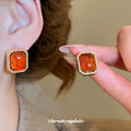 Amber Red Rectangular Framed Stud Earrings Jewelry Accessory view 1