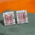 Silver Tone Pink Emerald Cut Halo Stud Earrings Baguettes view 3