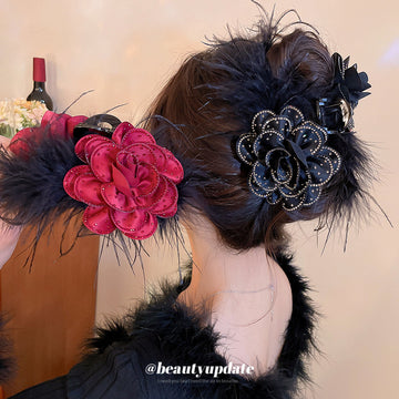 Black Satin Rose Feather Claw Clip Rhinestone Flower Clip