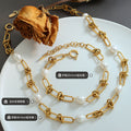 Knot Link Freshwater Pearl Necklace Bracelet Gold Steel Set view 2