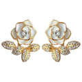 Gold White Enamel Camellia Pave Leaf Jacket Earrings view 5