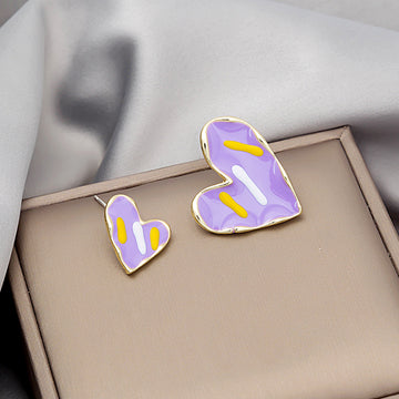 Asymmetric Enamel Heart Stud Earrings Purple Yellow 2 Colors
