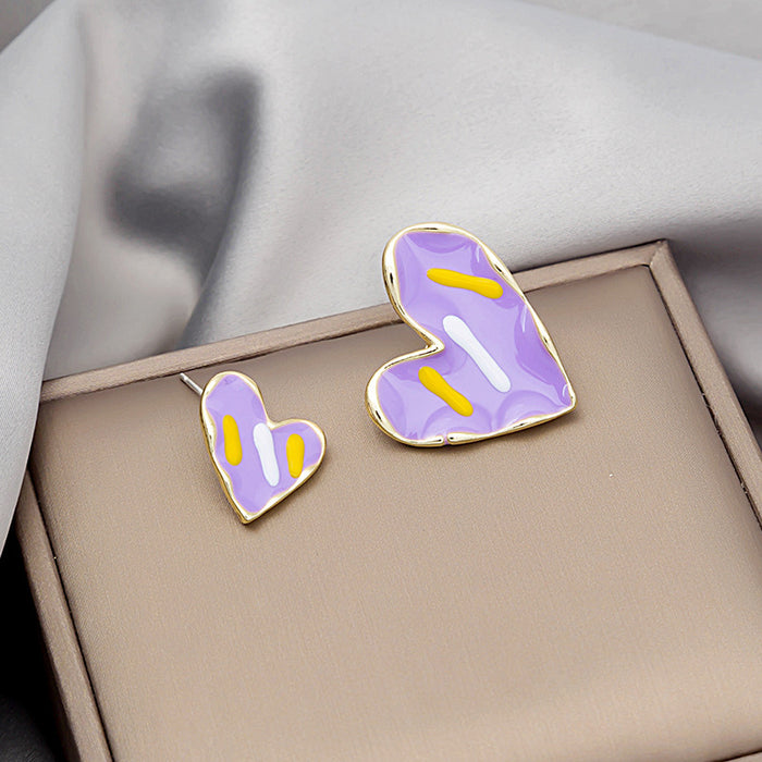 Asymmetric Enamel Heart Stud Earrings Purple Yellow 2 Colors