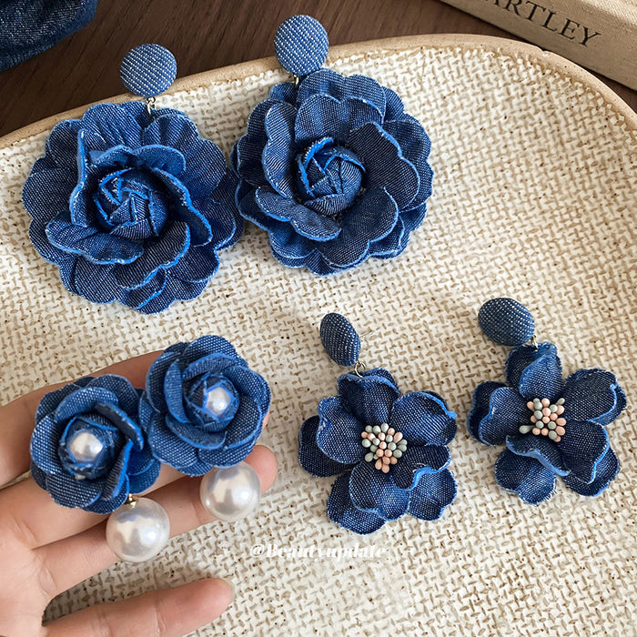 Blue Fabric Flower Stud Earrings In Two Designs Jewelry