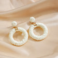 White Brown and Black Raffia Wrapped Round Dangle Earrings view 6