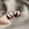 Brown Cream Diagonal Enamel Square Stud Earrings Gold view 3