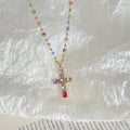 Gold Multicolor Zircon Cross Pendant Beaded Chain Necklace view 6