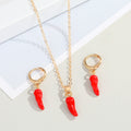Gold Tone Red Chili Pepper Pendant Necklace and Huggie Earrings view 2