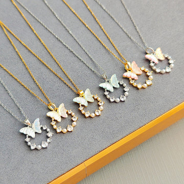 Butterfly Crystal and Pearl Look Wreath Necklace in Five Colors