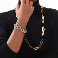 Gold Oval Link Necklace Pavé Cuban Link Bracelet Set view 1