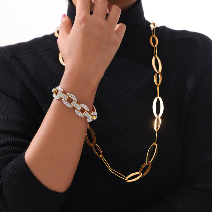 Gold Oval Link Necklace Pavé Cuban Link Bracelet Set