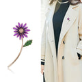 Enamel Daisy Flower Brooch Long Stem Green Leaf Gold Tone view 4