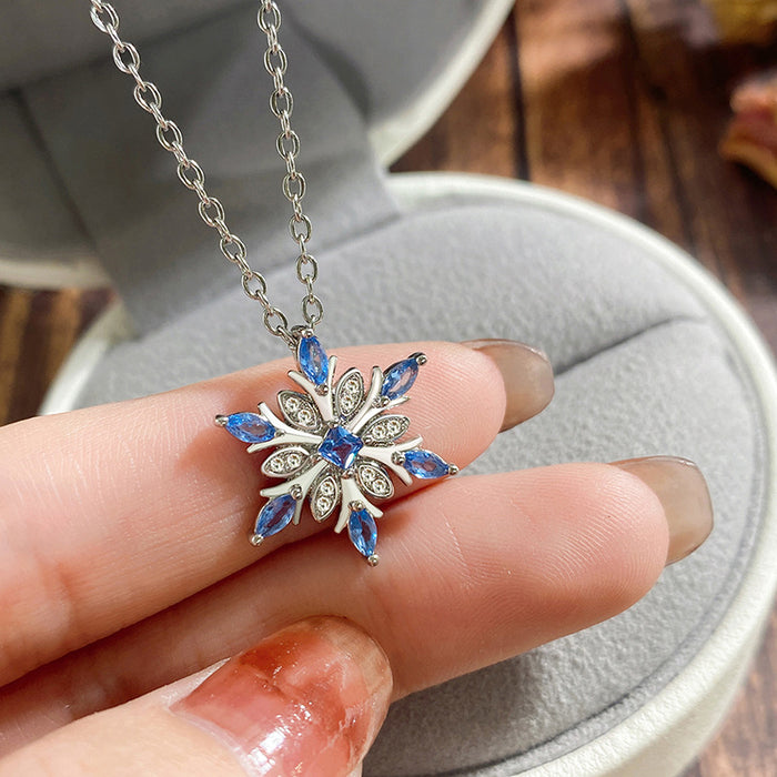Silver-Tone Snowflake Pendant Necklace with Blue Marquise Stones
