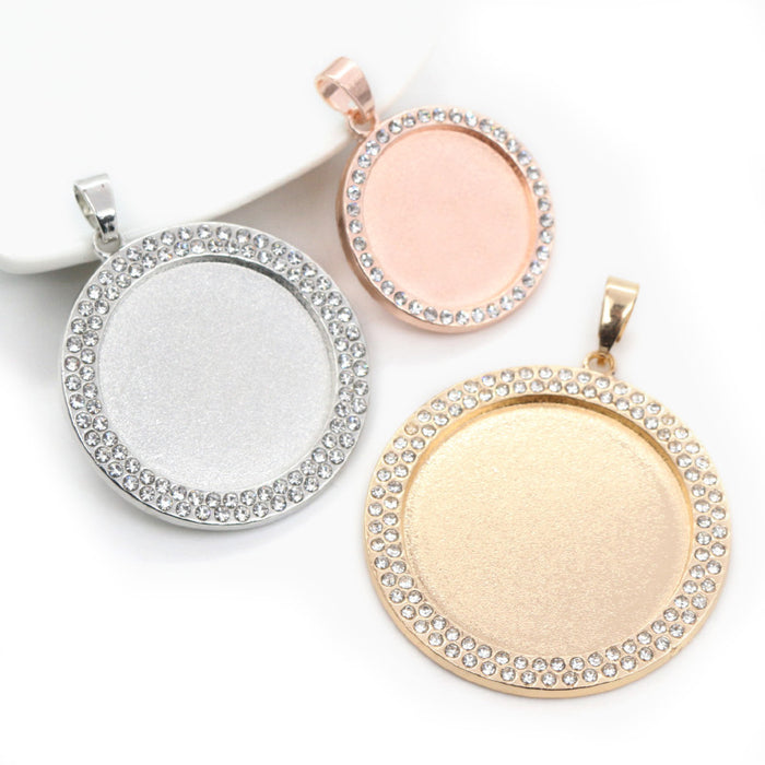 Crystal Rim Round Cabochon Pendant Trays in Three Finishes
