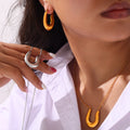 U-Shape Horseshoe Pendant Necklace And Hoop Earrings Gold Steel view 1