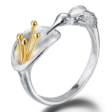 Two-Tone Silver Bird Flower Open Adjustable Finger Ring