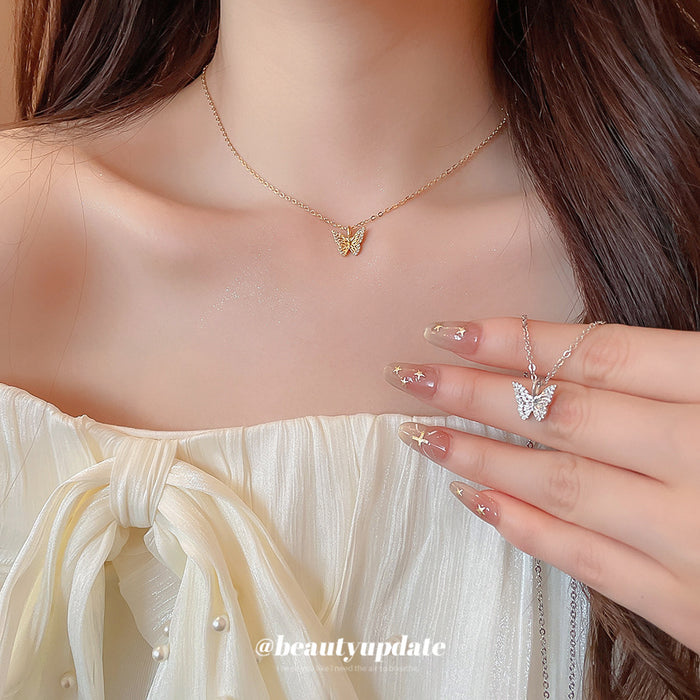 Crystal Butterfly Pendant Chain Necklace in Gold and Silver