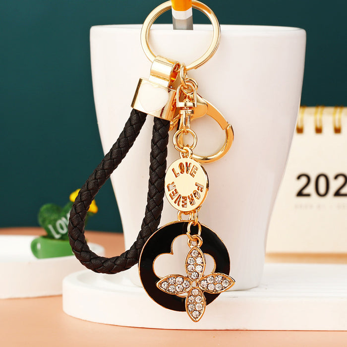 Crystal Four Leaf Clover Medallion Keychains with Pom and Loop Options