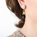Gold Steel Faux Pearl Black Glass Stone Drop Earrings view 3