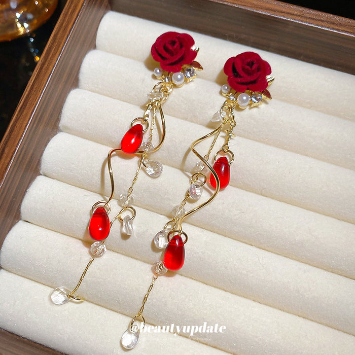 Red Rose Floral Chain Drop Earrings Decorative Jewelry Design