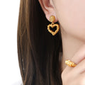 Textured Metal Open Heart Drop Earrings Gold and Steel view 1