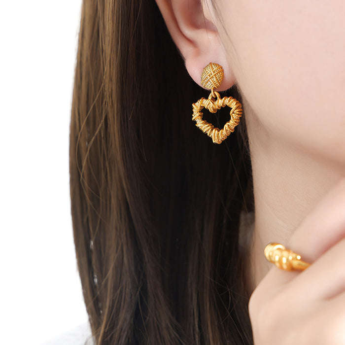 Textured Metal Open Heart Drop Earrings Gold and Steel