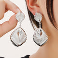 Ribbed Double Seashell Extra Long Dangle Stud Earrings view 2