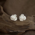 Silver Camellia Flower Stud Earrings Cream Petal Pearl view 3
