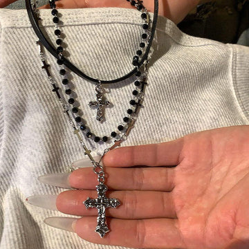 Black Bead Leather Cord Layered Cross Pendant Necklace Set