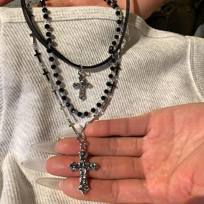 Black Bead Leather Cord Layered Cross Pendant Necklace Set
