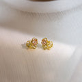 Gold Heart Bow Stud Earrings Pink Crystal Pearl Accents view 1