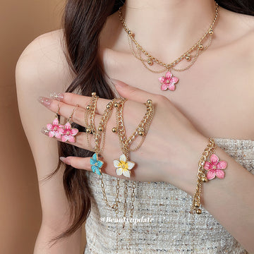 Gold Enamel Flower Necklace Bracelet And Earring Pieces