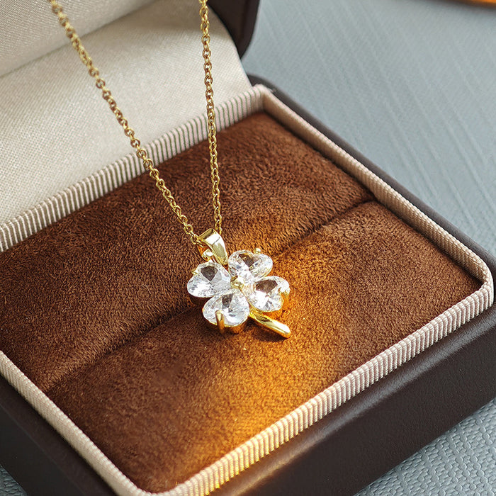 Gold Tone Clear Crystal Four Leaf Clover Pendant Necklace