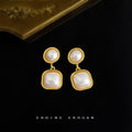Gold Round Square Frame Pearl Drop Stud Earrings Pair view 3