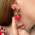 Strawberry Charm Gold Hoop Earrings in Three Patterns view 1