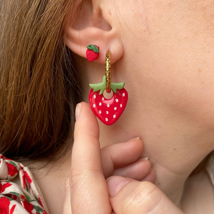 Strawberry Charm Gold Hoop Earrings in Three Patterns