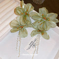Green Fabric Flower Chain Tassel Earrings With Decorative Details view 2